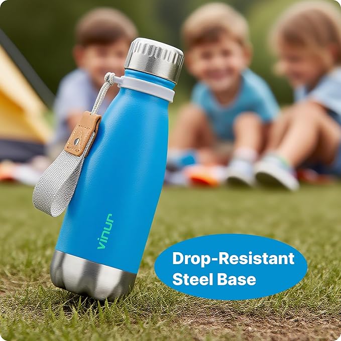 VINUR 12 oz Water Bottle for Kids-Stainless Steel Insulated Water Bottle for School-Cola Shape Leak Proof Travel Flask for Girl and Boy, Sky Blue