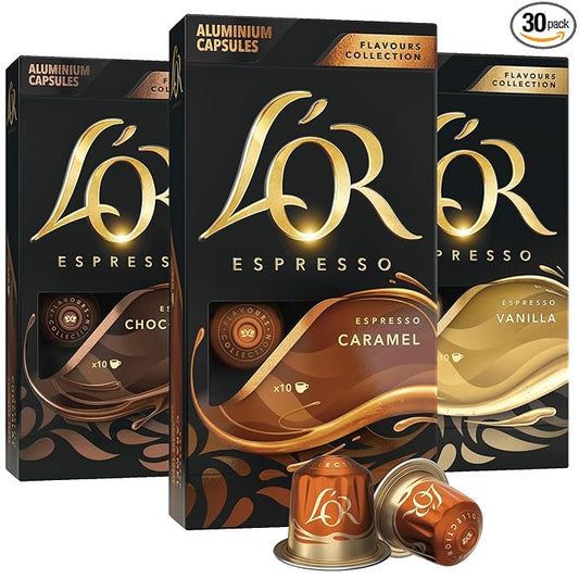 L'OR Espresso Capsules, 30 Count Variety Pack Vanilla/Chocolate/Caramel, Single-Serve Aluminum Coffee Capsules Compatible with the L'OR BARISTA System & *Nespresso Original Machines