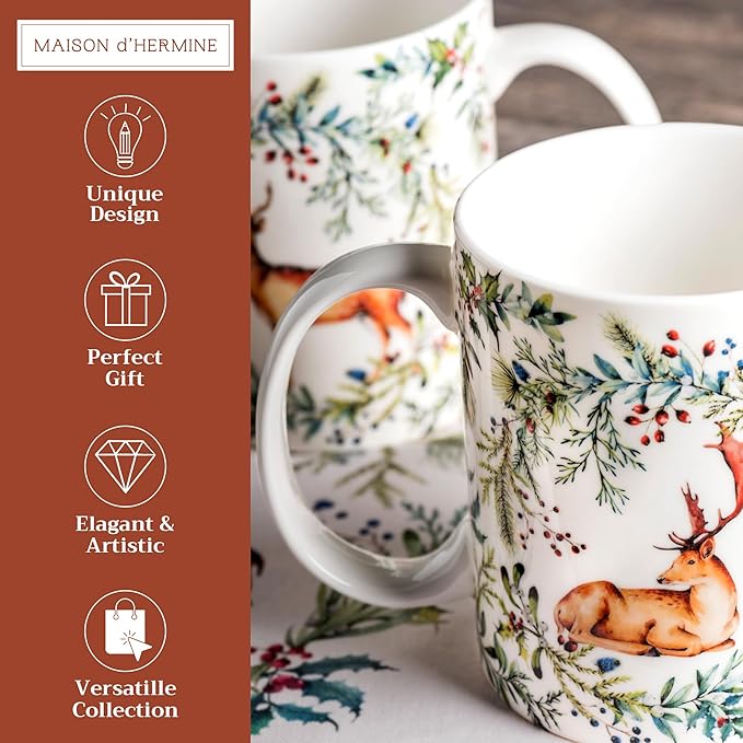 Maison d' Hermine Coffee Mug with Handles Fine Bone China Mugs Pack of Two Tea Cups for Hot Beverages Cappuccino Latte Home Restaurant Office Perfect for Gift (Holly Time, 15 Ounce)