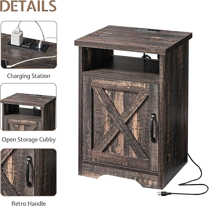 3-Piece Farmhouse Living Room Table Sets, Includes 1 x Coffee Table, 2 x End Tables with Charging Station & USB Ports, Rustic Coffee Table Set of 3, Black Oak