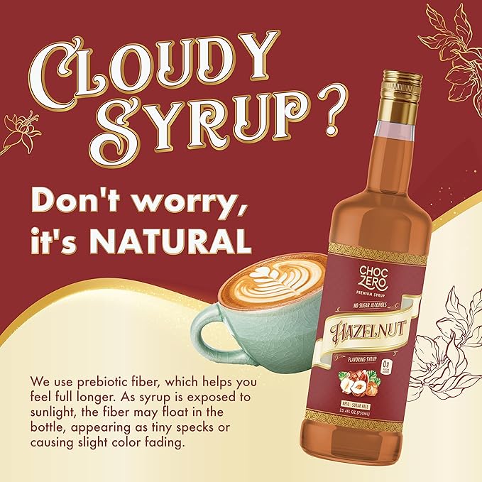 ChocZero Sugar Free Hazelnut Syrup for Coffee - Keto Flavoring Syrups - Low Calorie Simple Syrup for Flavored Drinks – 26.5 Ounces
