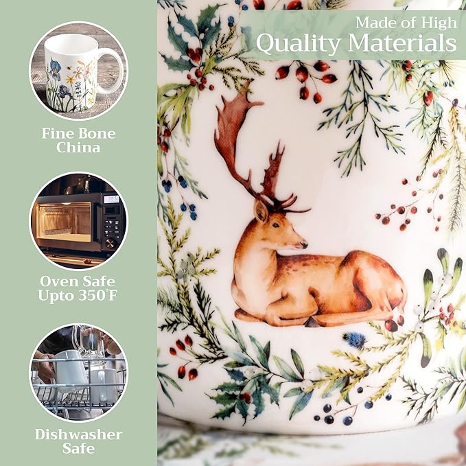 Maison d' Hermine Coffee Mug with Handles Fine Bone China Mugs Pack of One Tea Cups for Hot Beverages Cappuccino Latte Home Restaurant Office Perfect for Gift (Holly Time - Cerf, 12 Ounce)