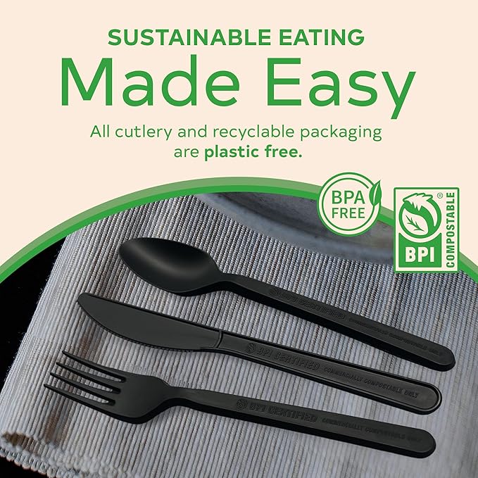 Compostable Cutlery Set, Plant-Based Compostable Utensils Disposable, Dishwasher-Safe Compostable Silverware, 380-Piece Disposable Cutlery, Plant a Tree with Every Box, Charcoal Black