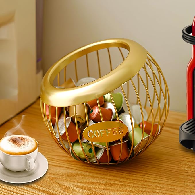Coffee Pod Holder for Counter - Large Capacity Keurig K-Cup Organizer, Nespresso Vertuo Coffee Station Organizer, Metal Coffee Pods Storage, Coffee Bar Accessories and Decor (Gold)