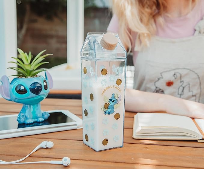 Silver Buffalo Disney Lilo and Stitch "Coconut Milk" Plastic Milk Carton Pitcher Bottle, 16.2 Ounces