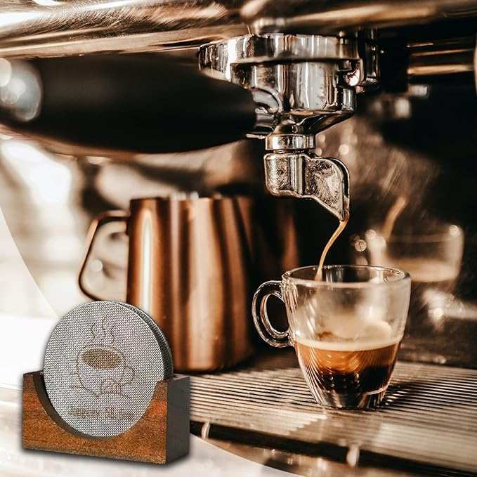 2 Packs 58.5mm Espresso Puck Screen with Stand, 1.7mm Thickness 150μm 316 Stainless Steel Reusable Coffee Filters Compatible with Espresso Machine 58mm Portafilter Basket