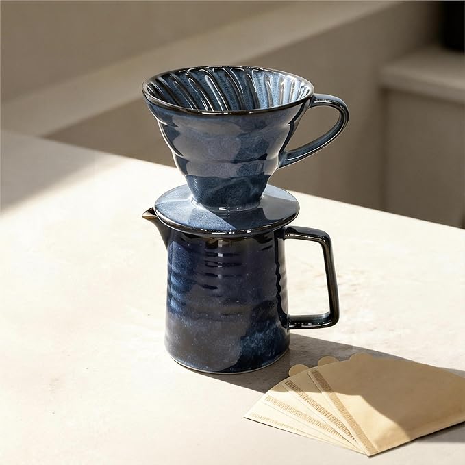 Vintage Ceramic Pour Over Coffee Maker with V60-Style Dripper and 40 Paper Filters (Blue)