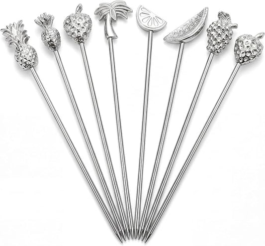 DEMIGO Fruit-Shaped Cocktail Picks, 8 Stainless Steel Reusable Skewers with Tropical Toppers - Olive Stuffers Martini Picks set Fruit Toothpicks Garnish Skewers Appetizer Drink Stick