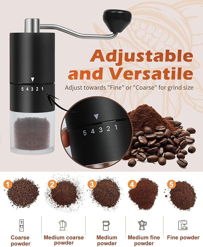 Manual Coffee Grinder With Ceramics Burr For Espresso,French Press,5 Adjustable Settings,Hand Maker with Built-In Burr,For Home Use and Camping Travel,Coffee Bean Grinders With Hand Crank (Black)