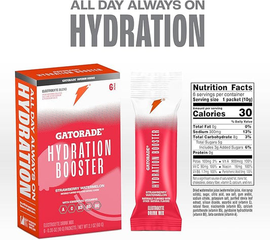 Gatorade Hydration Booster Electrolyte Drink Mix Powder Packets, Strawberry Watermelon, Advanced Electrolyte Blend, No Added Colors, No Artificial Sweeteners, Essential Vitamins A, C, B3, B5, B6, Makes 20 Fl Oz (6 Pack)