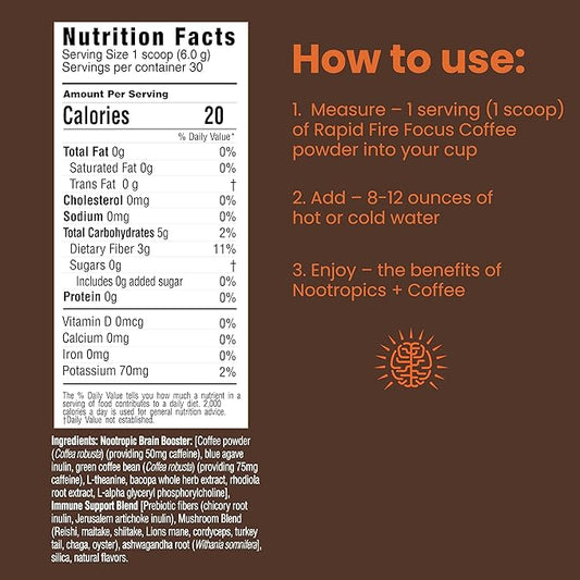 Focus Coffee Mushroom Blend, Nootropic Complex Coffee, Supports Alertness and Clarity, (Lion’s Mane, Cordyceps, Turkey Tail) Green Coffee Bean Instant Coffee for Focus & Gut Health, 30 Servings