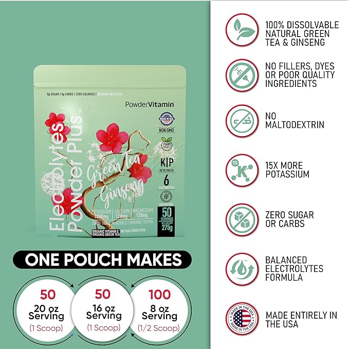 PowderVitamin Electrolytes Powder Plus (50 Servings) Green Tea Ginseng Electrolyte Powder Keto, Sugar Free, Pink Himalayan Salt,1000mg Potassium,120mg Calcium,120mg Magnesium, Hydration Powder