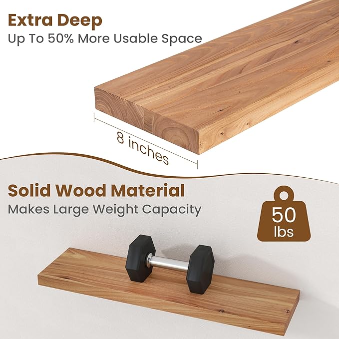 Floating Shelves for Wall Decor, 8" Deep Rustic Solid Elm Wood Floating Shelves Wall Mounted, Wall Shelves with Invisible Bracket for Living Room Bathroom Bedroom Kitchen, 30 Inch Set of 2, Natural