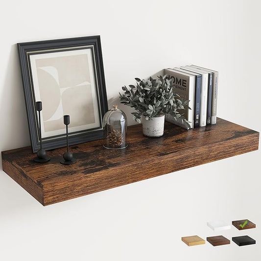 12" Deep Floating Shelves for Wall with Invisible Brackets, Wall Mounted Engineered Wood Shelves with Wood Grain for Living Room, Bedroom, Kitchen Decor and Storage, 36"L Set of 1, Rustic Brown