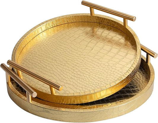 Modern Decorative Tray Set of 2, Wooden Round Crocodile Leather Tray with Polished Metal Handles, Decorative Serving Trays Coffee Table Trays Ottoman Platter for Home Decor (Golden)