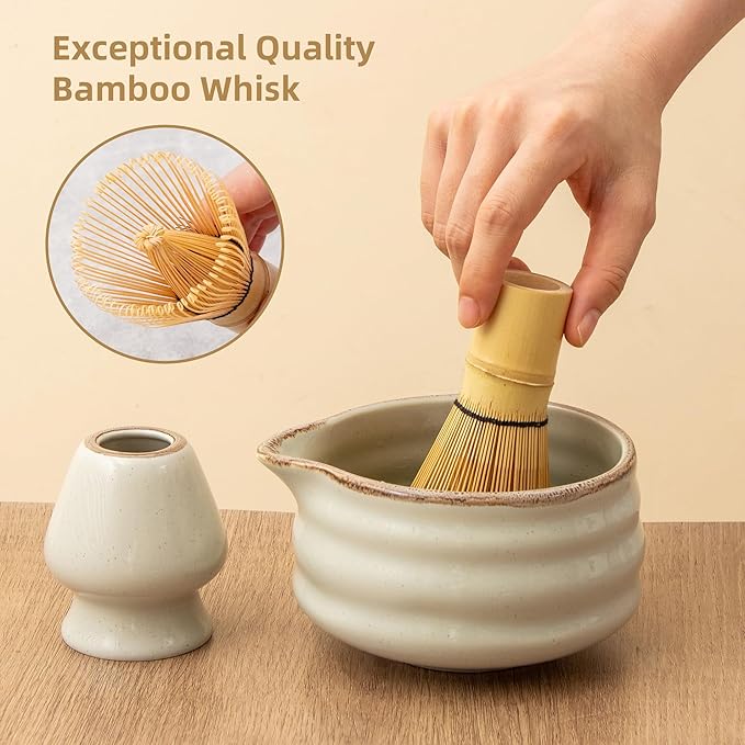 5pcs Premium Matcha Set,Ceramic Bowl with Spout and Bamboo Whisk set, Ceremonical Matcha Kit for breakfast/latte,Tea Starter Making Kit, Unique Christmas/Valentine Gift (Grey)