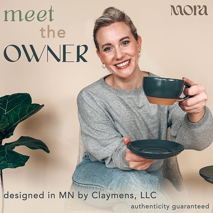 MORA Ceramic Latte Art Mug With Saucer - 10.5 oz, Round Bottom For Perfect Pours - Cafe Cups for Cappuccino, Espresso, Coffee, Tea etc - Porcelain Set for Baristas, Great Gift - Shadow Grey