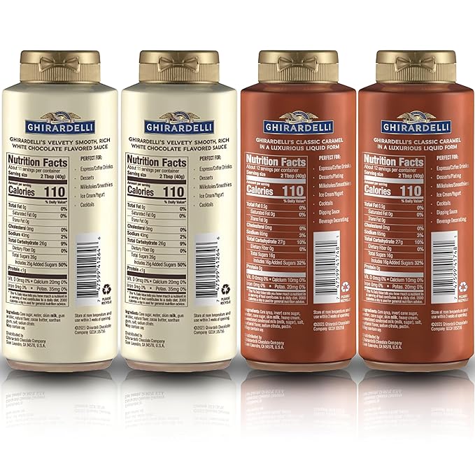 Ghirardelli Flavored Sauce Variety Pack | 16 oz Bottles (Pack of 4) | Caramel and White Chocolate Dessert Toppings for Coffee Drinks, Ice Cream, and Baking Recipes