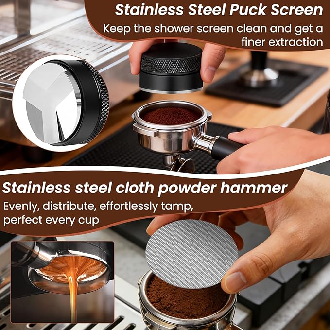 9 Pack Espresso Tamper Station&Coffee Distributor Tamper&Espresso WDT Stirrer&Coffee Tamping&Brush&Coffee Dosing Funnel&Espresso Puck Screen, Latte Art pen and Towel (51 mm)