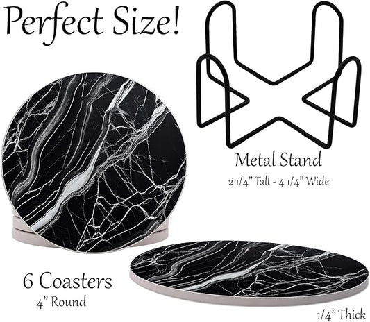 Black Agate Marble Round Coasters Set of 6 - Abosrbent Ceramic Coasters with Metal Stand for Drinks, Coffee, Non-Slip Cork Back for Tabletop Protection, 4 Inches Marbled Pattern (Dark)