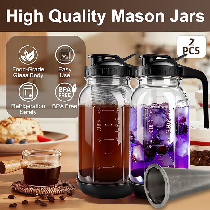 RuileMei Cold Brew Coffee Maker,2 Pcs 64 oz mason jar pour spout lid, coffee carafe,Refillable Stainless Steel Filter,Non-slip silicone sleeve for glass pitcher, Homemade Beverage
