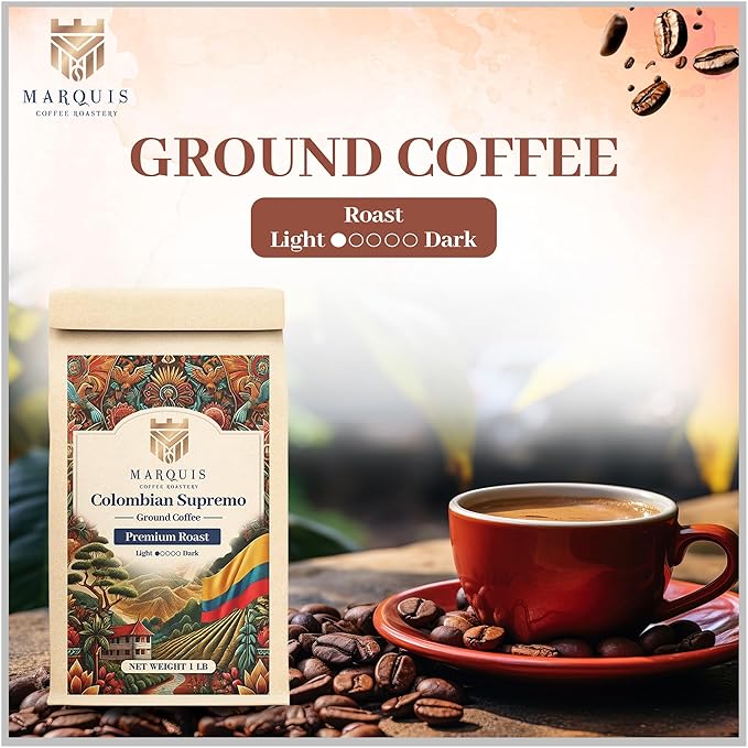 Marquis - Colombian Supremo Ground Coffee, Rich and Bold 100% Colombian Coffee, Fuller-Bodied & Very Well Balanced Colombian Coffee with a Heady Aroma, Premium Light Roast Ground Coffee, 1 lb
