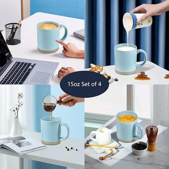 15 OZ Coffee Mugs, Ceramic Coffee Mug Set for 4, Coffee Cups with Big Handle Authentic Clay Bottom Beautiful Glaze, for Latte, Cappuccino, Cocoa, Hot Tea, Mocha, Modern Home Drinkware Set, Turquoise