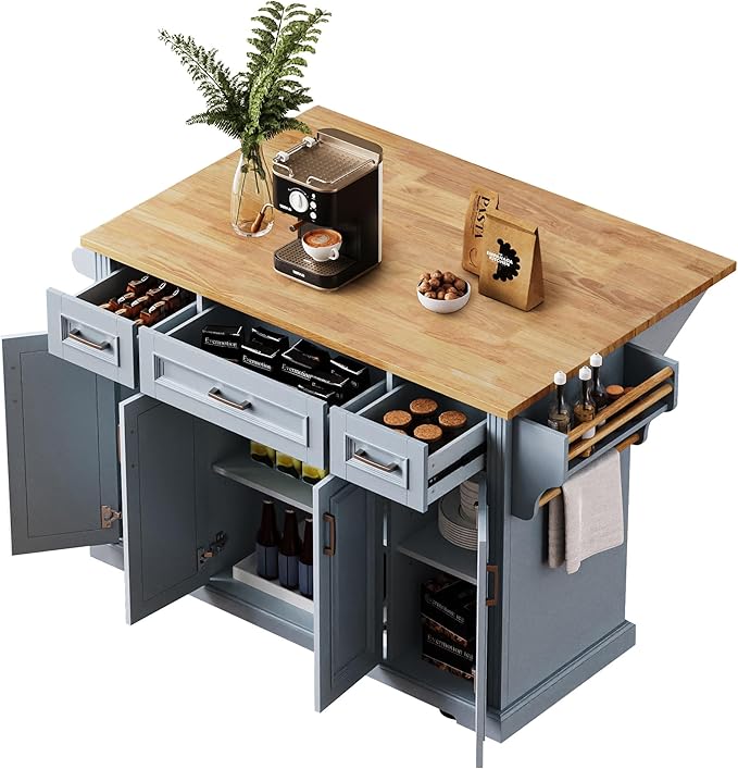 Yayzy Rolling Kitchen Island with Drop Leaf, 4 Cabinet Doors, 3 Drawers & Side Storage Racks, Mobile Kitchen Cart with Rubberwood Top & Locking Wheels for Dining Room & Kitchen, 54-Inch, Grey Blue