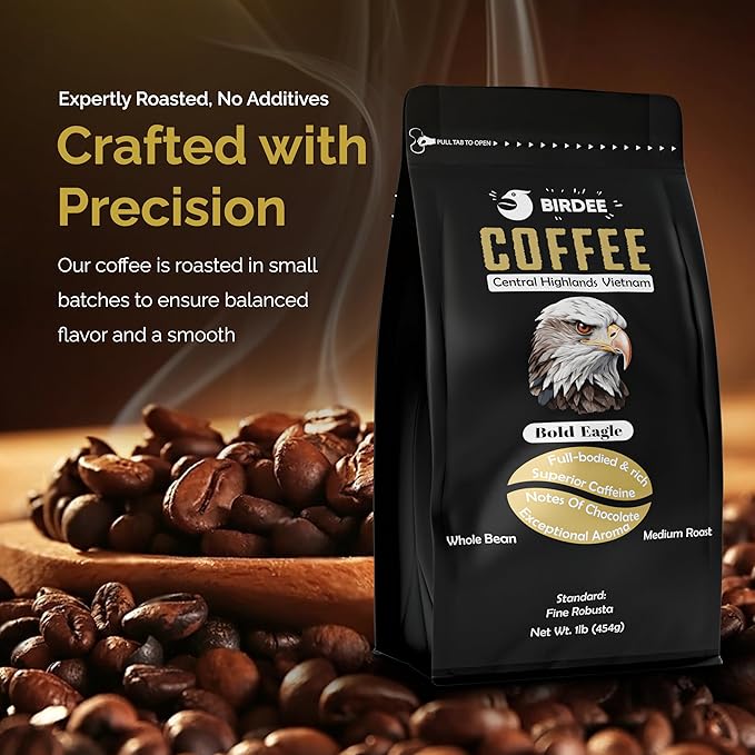 Birdee Robusta Coffee Beans - 16 oz, Medium Roast, Intense Bold Flavor, Hand Picked, Whole Bean for Fresh Grind, Vietnam Origin, Ideal for Espresso & Phin Filter, Meets Fine Robusta Standard