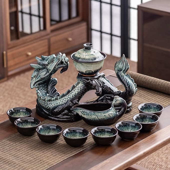 Ceramic Teapot with Infuser Semi Automatic Tea Set Magic Teapot with 8 cups Gradient Color (Gradient Dragon- A)