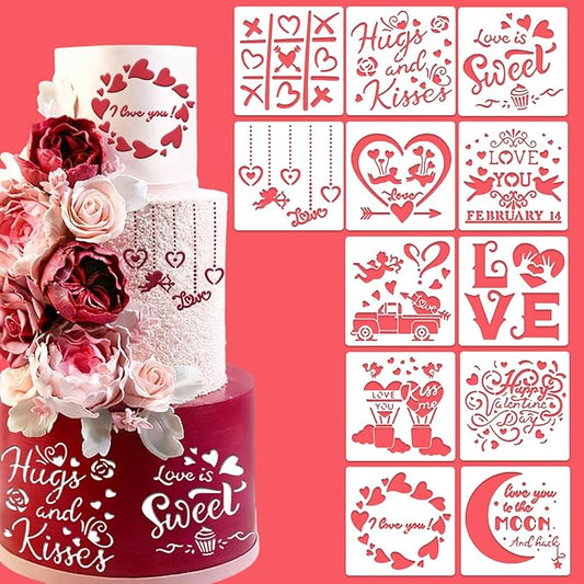 Valentines Day Cake Stencils Kit Reusable Cookie Coffee Stencil Drawing Template for Dessert Buttercream Painting Envelopes DIY Crafts Wall Floor Decor (12 Pcs Confession of Love)