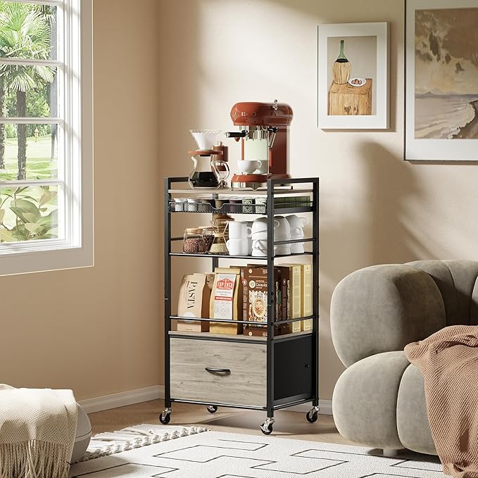 Coffee Bar Cabinet with Storage，5 Tier Coffee Station Table on Wheels, 33.6" H Cart with Drawer for Home Kitchen, Liquor Buffet Sideboard Cabinet (Black)