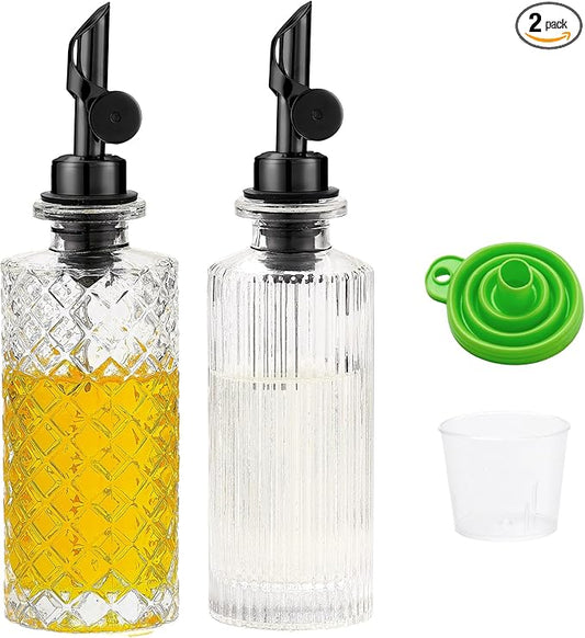 Glass Olive Oil Dispenser Bottle Small, 6.5 Oz/ 200 ml Coffee Simple Syrup Bottles with Black Metal Pour Spout, Funnel, Measuring Cup, Oil and Vinegar Bottle for Kitchen (2 Pack)