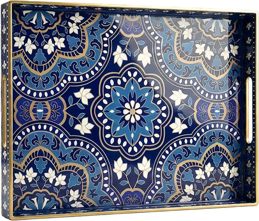 Zosenley Decorative Serving Tray with Handles - 15.7" x 11.8" Blue Mandala Pattern Rectangular Plastic Platter - Boho Coffee Table Tray for Ottoman, Breakfast in Bed & Living Room Decor