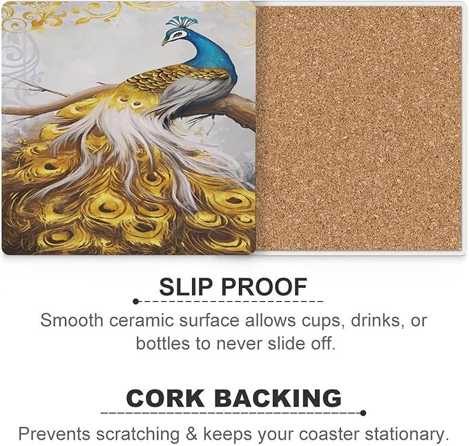 Peacock Drink Coasters, Square Ceramic Drink Coaster Square-6PCS, Tree Branch Vintage Beautiful Gold Peacock Decor Absorbent Ceramic Coasters for Beverage Cup, Bar, Coffee Table