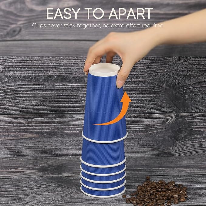 Coolcap 100 Pack 16 oz Disposable Coffee Cups with Lids and Straws, Insulated Ripple Wall To Go Paper Corrugated Cups, Bulk for Hot/Cold Drinks, Cafe Bar, Office, Chocolate, Cocoa (Navy)