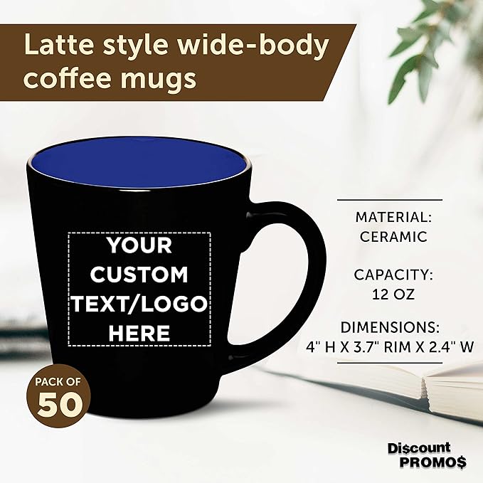 Custom Ceramic Coffee Latte Mugs 12 oz. Set of 50, Personalized Bulk Pack - Perfect for Coffee, Tea, Espresso, Hot Cocoa, Other Beverages - Royal Blue