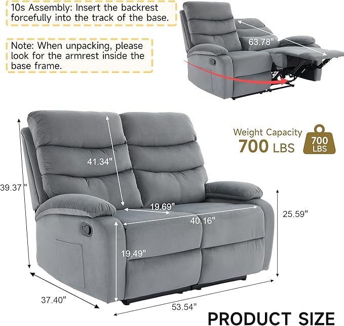 Loveseat Recliner Sofa Couch, Velvet 2-Seater Reclining Sofa for RV, Double Seater Wall Hugger Recliner Chair for Living Room, Home Theater Seating, Dark Grey