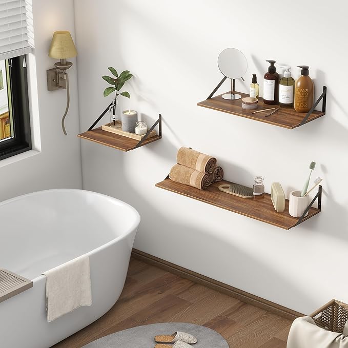 36"W x 12"D Floating Shelves, Walnut Deep Floating Shelves for Wall with Brackets, 12 Inch Deep Wall Shelves for Books, Wide Display Storage Shelves for Bathroom, Living Room, 36 Inch Long, Set of 2