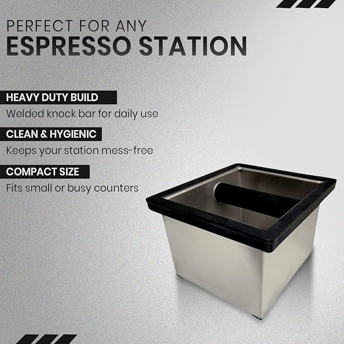 Rattleware Heavy-Duty Stainless Steel Knock Box Espresso Puck Disposal with Welded Bar Splash Guard, Ideal for Home, Cafe, Restaurant, Hotel, Coffee Bar, or Espresso Station (6" x 5.5" x 4")