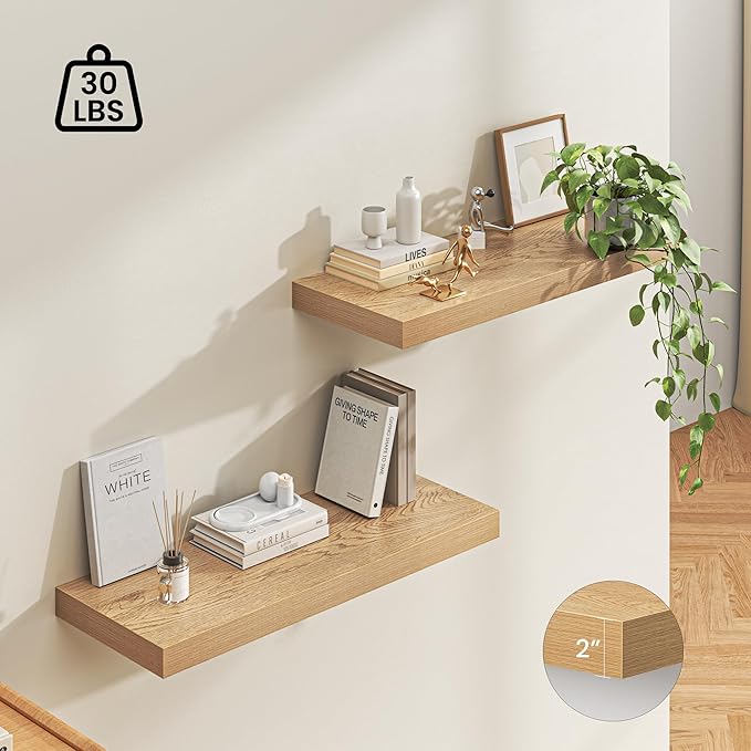 Dreamland 36" Floating Shelves for Wall, 12" Deep Thicker Oak Floating Shelves, Wall-Mounted Shelves for Bedroom, Living Room, Kitchen, Bathroom - Set of 2