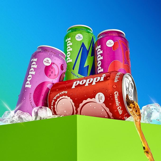 Poppi Sparkling Prebiotic Soda Beverage with Apple Cider Vinegar, Seltzer Water and Fruit Juice, Soda Staples Variety Pack, 12 FL Oz, Pack of 12, Packaging May Vary