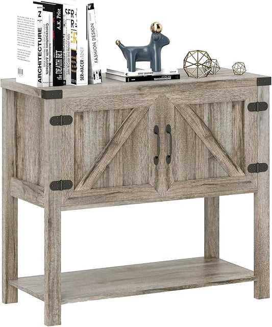 HOMCOM Farmhouse Double Door Coffee Bar Cabinet, Console Table, Sideboard Buffet Cabinet with Bottom Shelf for Entryway, Living Room, Washed-Out Gray