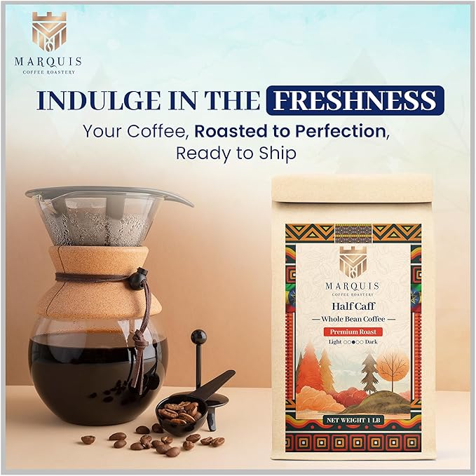 Marquis - Half Caff Coffee, Rich Blend of Half Ethiopian Yirgacheffe & Colombian Decaf Coffee Beans, Fresh Dark Roast with a Fruity Flavor, Premium Half Caff - 1 lb