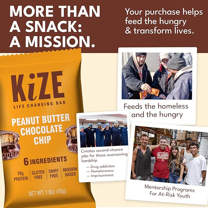 KiZE Energy Bars - Peanut Butter Chocolate Chip - 20-Count - Gluten Free, Dairy Free, Non-GMO, and High Protein Meal Replacement Energy Bars, Clean and Simple Food Ingredients - 10g High Protein Snacks (20 Count)