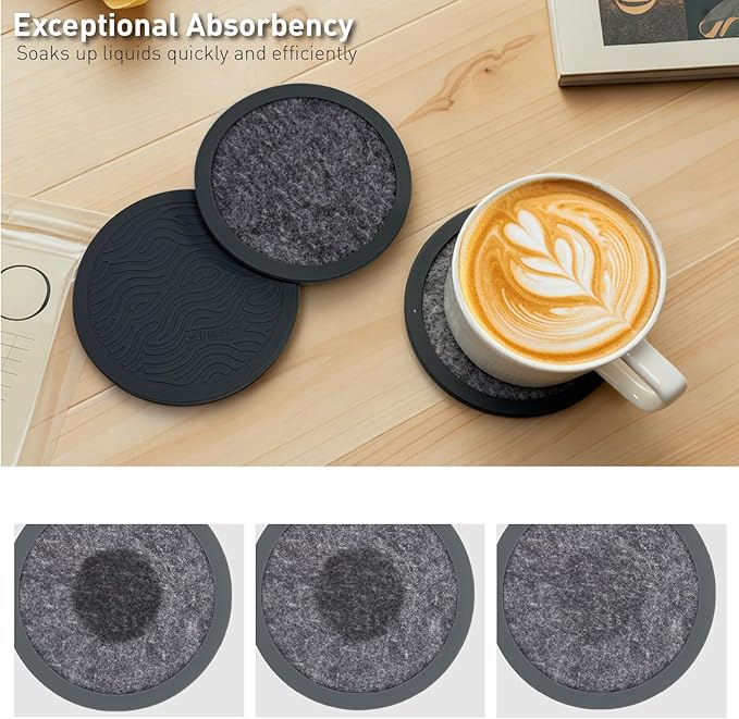 Set of 6 Non-Slip Silicone Coasters with Holder, Double-Sided Absorbent for Hot/Cold Drinks, Scratch & Water Ring Protection for Wood Tables, Home Office Bar, Black Gold Marble (Grey)