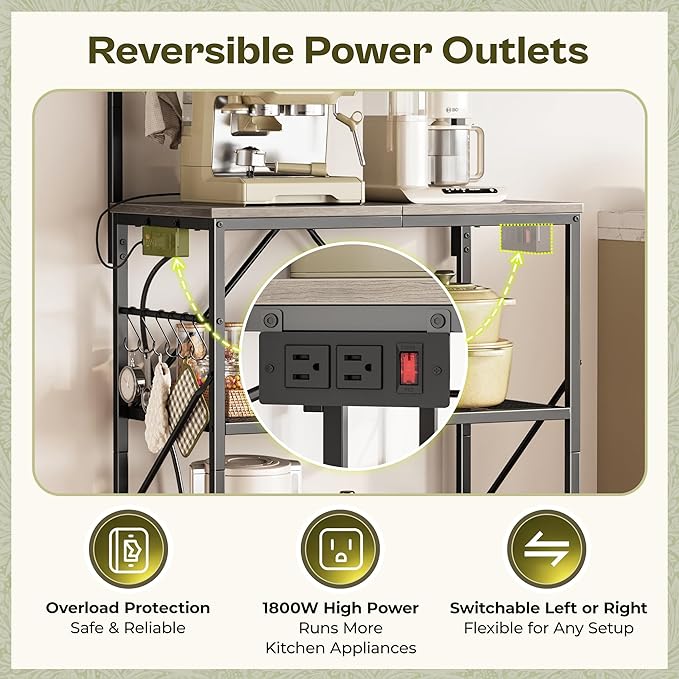 Huuger 4-Tier Bakers Rack with Reversible Power Outlet, 23.6 Inch Microwave Stand, Kitchen Coffee Bar, with Top Shelf, 6 S Hooks, Oak