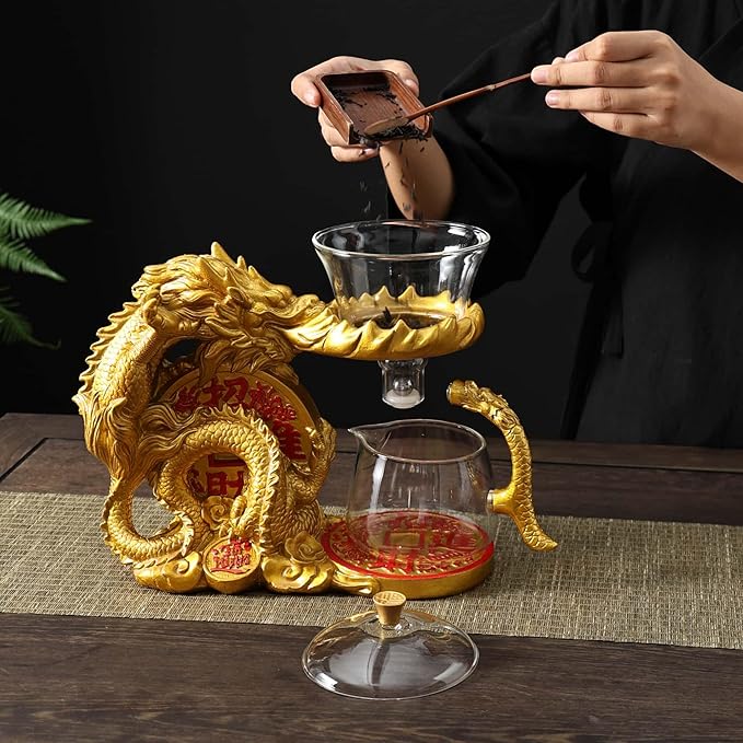 Glass Teapot Set with Infuser Semi Automatic Dragon Tea Set with 6 Small Cups (golden dragon-b)
