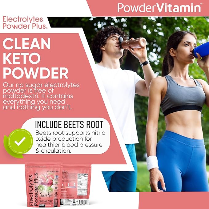 PowderVitamin Electrolytes Powder Plus (100 Servings) Guava Kiwi Electrolyte Powder, Zero Calorie, Keto, 0 Sugar, No Maltodextrin, 1000mg Potassium, 120mg Calcium, 120mg Magnesium, Hydration Powder