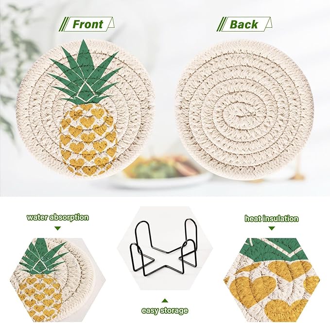 Pineapple Golden Tropical Gold Drink Coasters Set of 6 with Holder - Absorbent Decorative Bar Coasters for Coffee Table Protection